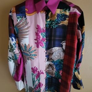 Salvatore Ferragamo 38 IT 4 US 2 Floral Pink Multi Color Silk Dress Shirt Bird